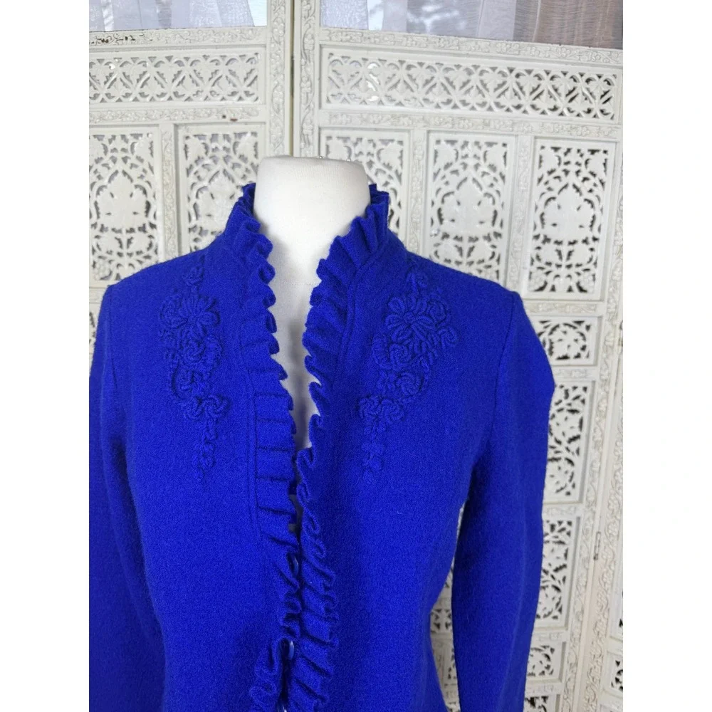 NEW For‎ Cynthia Blue Wool Blazer Cardigan Petite Medium Ruffle Preppy Career